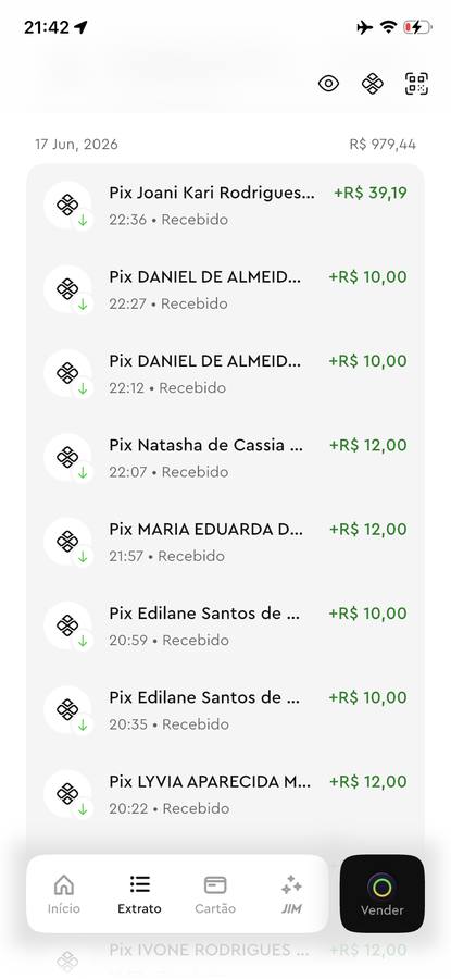 Extrato de Pix mostrando recebimentos de clientes